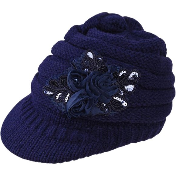 Women\'s Beautiful Style Crochet Blue Flower Brim Knit Winter Warm Hat Cap main image 4